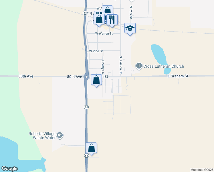 map of restaurants, bars, coffee shops, grocery stores, and more near Lulu Lane in Roberts