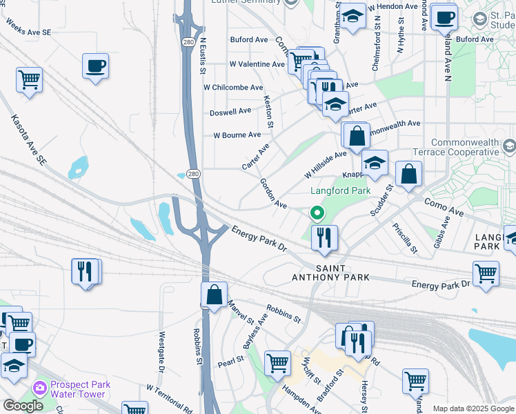 map of restaurants, bars, coffee shops, grocery stores, and more near 2376 Commonwealth Avenue in Saint Paul