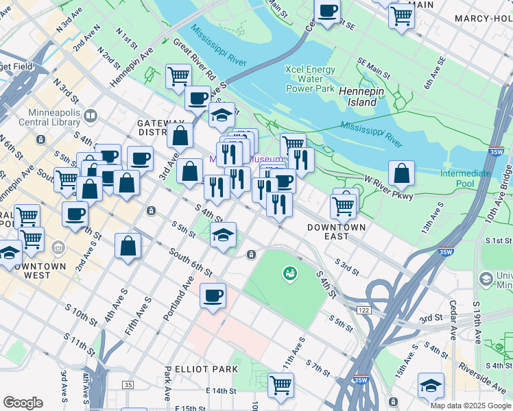 map of restaurants, bars, coffee shops, grocery stores, and more near 240 Park Avenue in Minneapolis