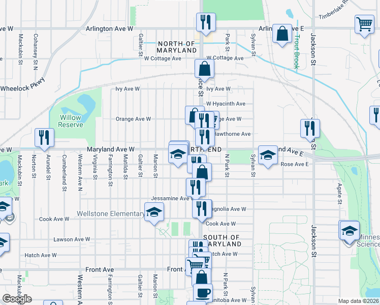 map of restaurants, bars, coffee shops, grocery stores, and more near in Saint Paul