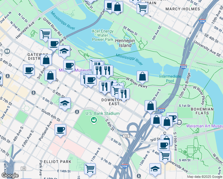 map of restaurants, bars, coffee shops, grocery stores, and more near 900 South 2nd Street in Minneapolis