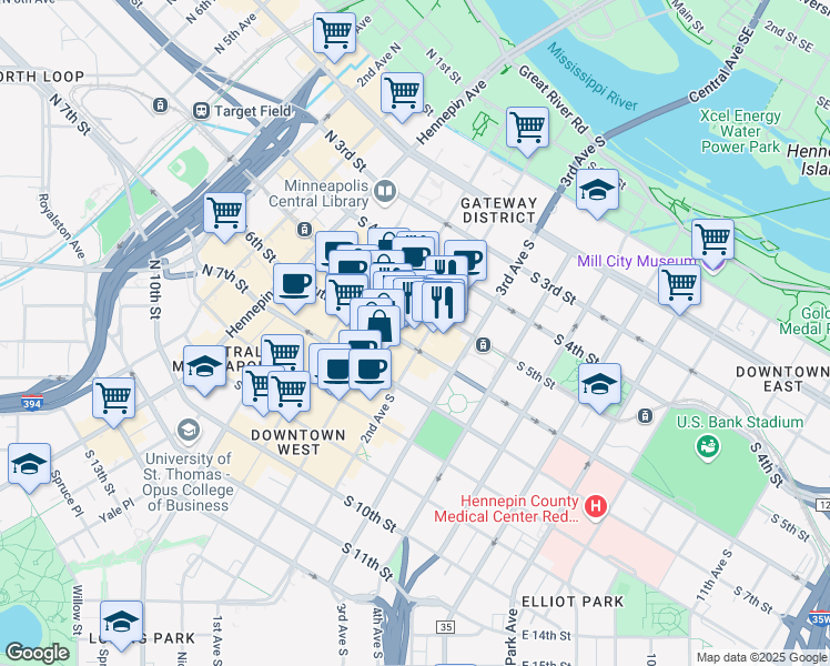 map of restaurants, bars, coffee shops, grocery stores, and more near 120 South 6th Street in Minneapolis