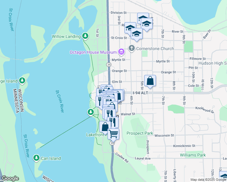 map of restaurants, bars, coffee shops, grocery stores, and more near 702 2nd Street in Hudson