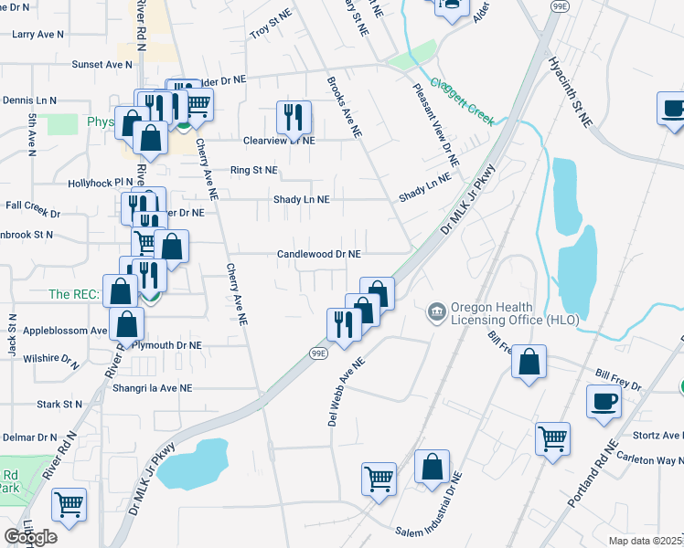 map of restaurants, bars, coffee shops, grocery stores, and more near 1302 Candlewood Drive Northeast in Keizer