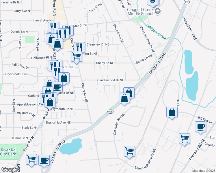 map of restaurants, bars, coffee shops, grocery stores, and more near 1208 Candlewood Drive Northeast in Keizer