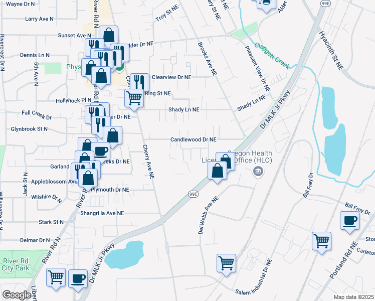 map of restaurants, bars, coffee shops, grocery stores, and more near 1150 Candlewood Drive Northeast in Keizer