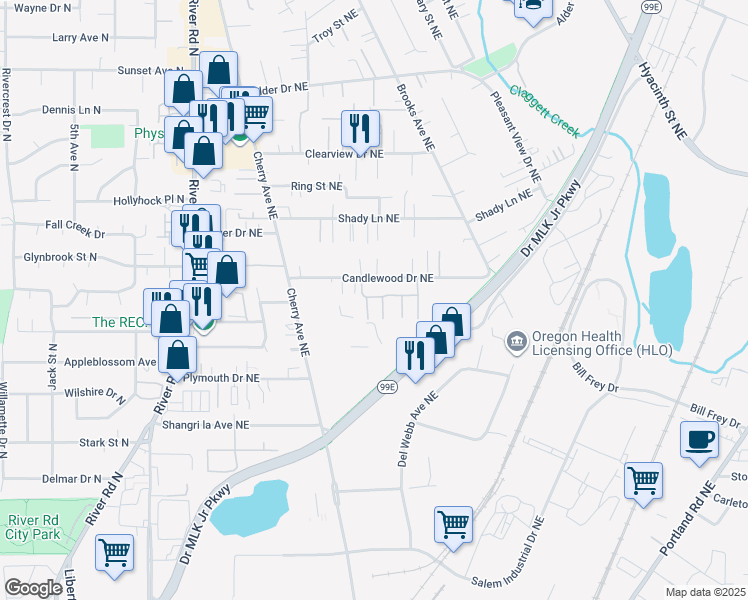 map of restaurants, bars, coffee shops, grocery stores, and more near 1150 Candlewood Drive Northeast in Keizer