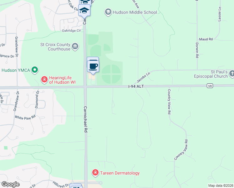 map of restaurants, bars, coffee shops, grocery stores, and more near 423 County Road UU in Hudson