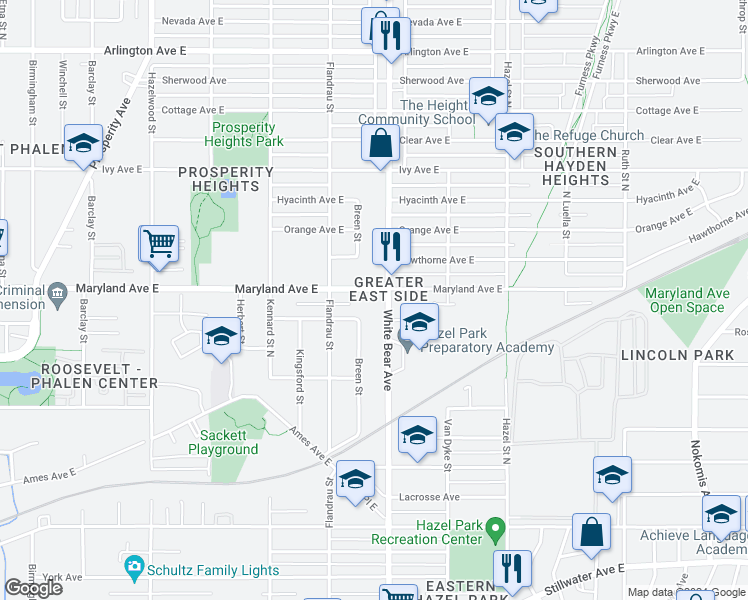 map of restaurants, bars, coffee shops, grocery stores, and more near 1778 Maryland Avenue East in Saint Paul