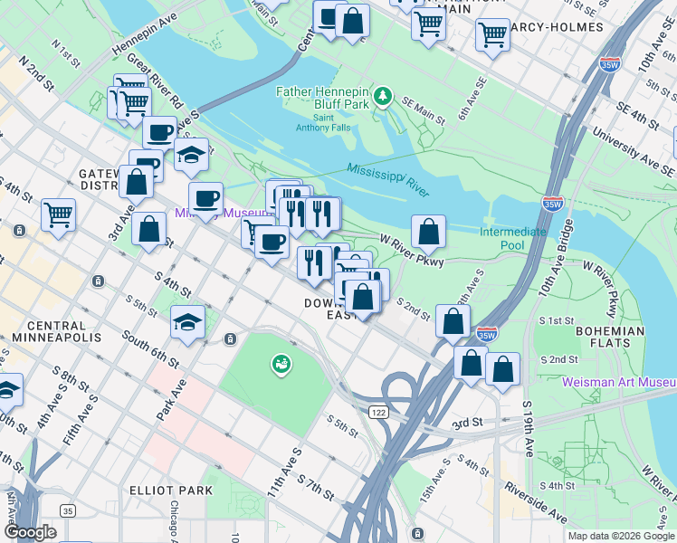 map of restaurants, bars, coffee shops, grocery stores, and more near 900 South 2nd Street in Minneapolis