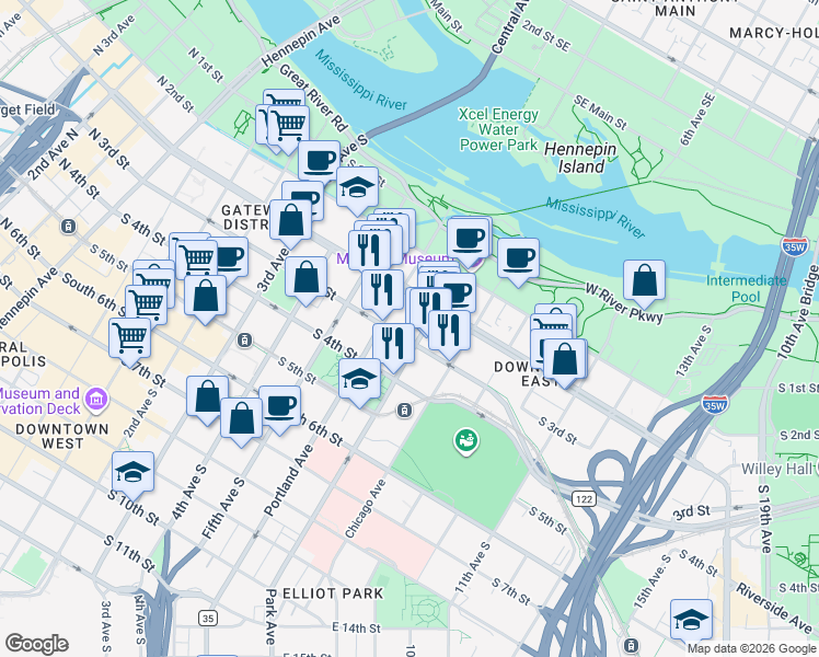 map of restaurants, bars, coffee shops, grocery stores, and more near 240 Park Avenue in Minneapolis
