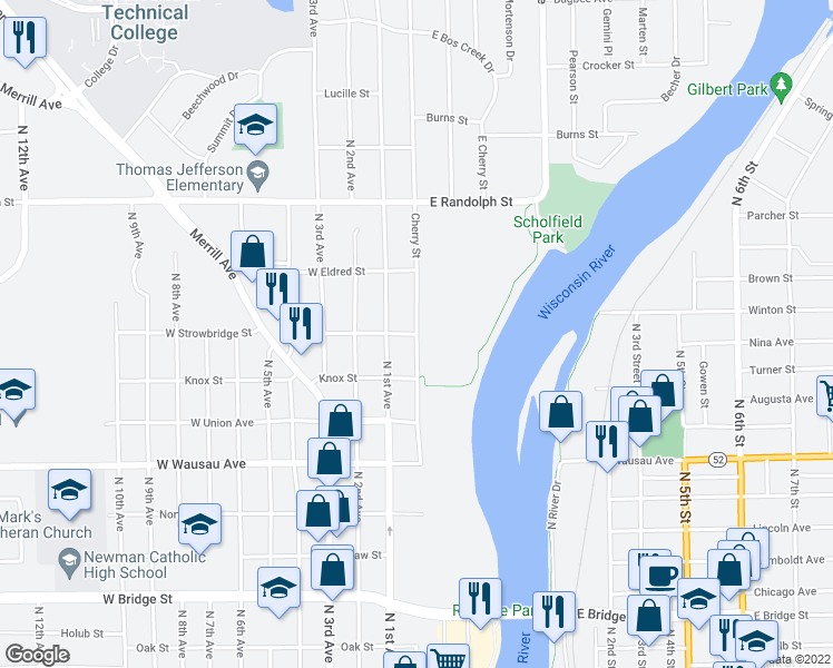 map of restaurants, bars, coffee shops, grocery stores, and more near 199 East Strowbridge Street in Wausau
