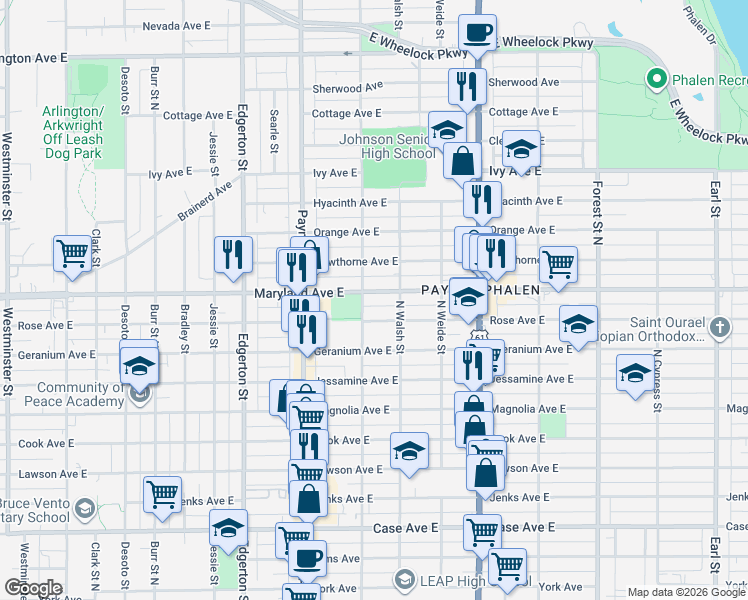 map of restaurants, bars, coffee shops, grocery stores, and more near 708 Maryland Avenue East in Saint Paul