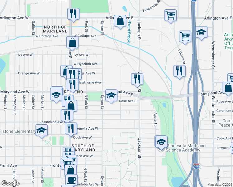 map of restaurants, bars, coffee shops, grocery stores, and more near 49 Maryland Avenue West in Saint Paul