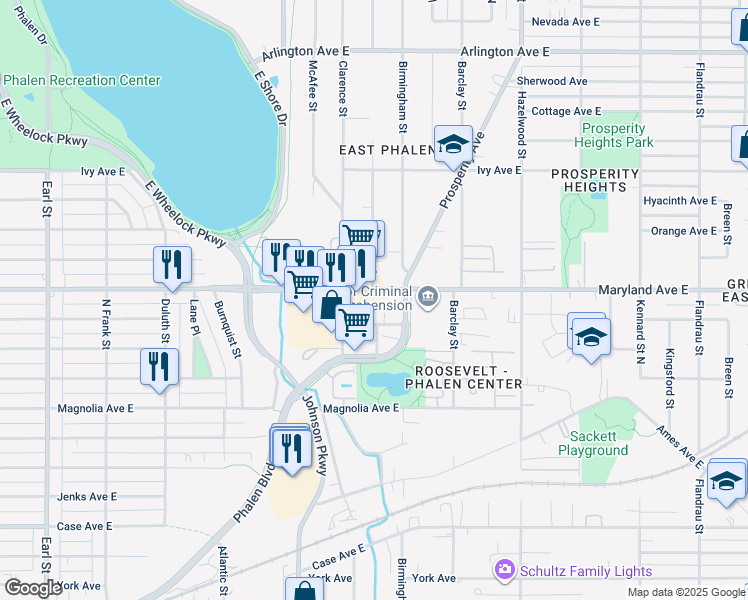 map of restaurants, bars, coffee shops, grocery stores, and more near 1182 Prosperity Avenue in Saint Paul