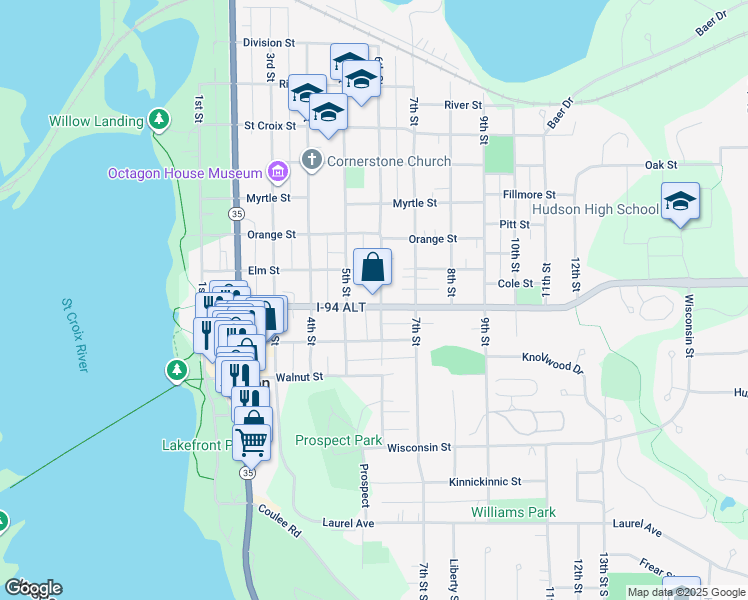 map of restaurants, bars, coffee shops, grocery stores, and more near 527 Vine Street in Hudson