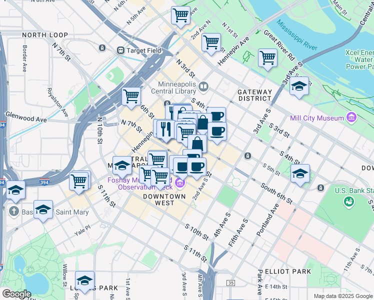 map of restaurants, bars, coffee shops, grocery stores, and more near in Minneapolis