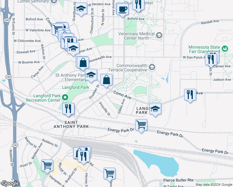 map of restaurants, bars, coffee shops, grocery stores, and more near 2082 Como Ave in St Paul