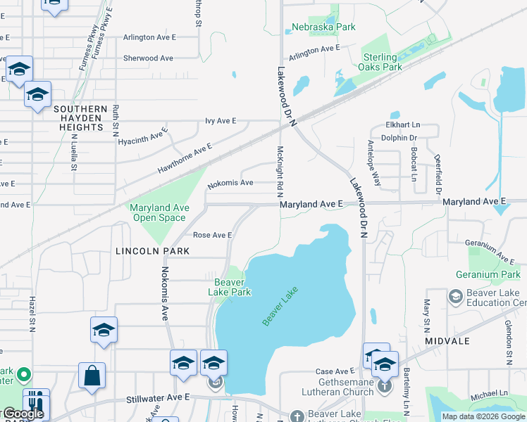 map of restaurants, bars, coffee shops, grocery stores, and more near 2241 Maryland Avenue East in Saint Paul
