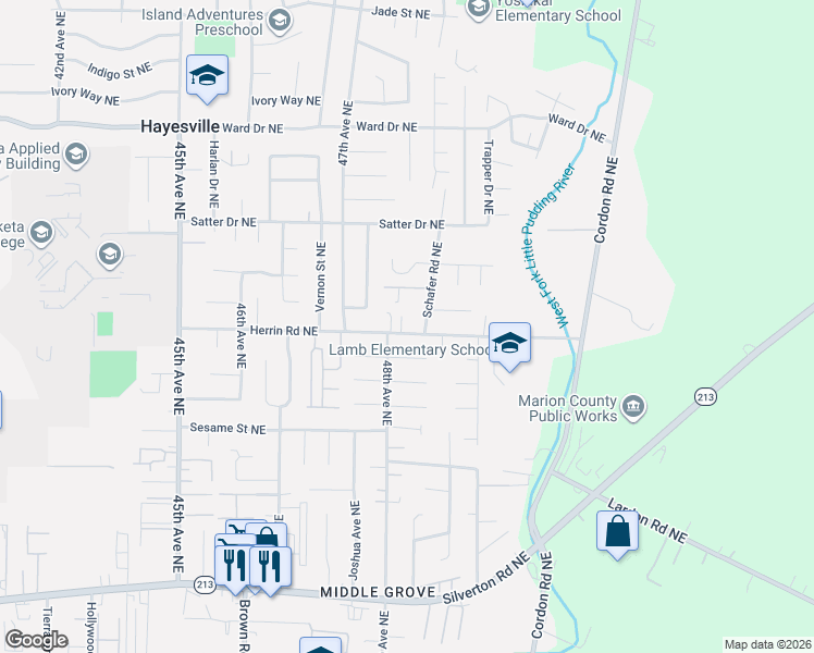 map of restaurants, bars, coffee shops, grocery stores, and more near 4018 Landsdowne Court Northeast in Salem
