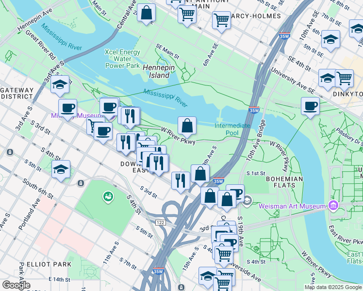 map of restaurants, bars, coffee shops, grocery stores, and more near 1111 West River Parkway in Minneapolis