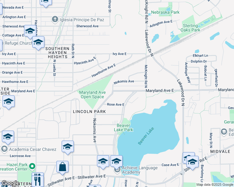 map of restaurants, bars, coffee shops, grocery stores, and more near 2176 Maryland Avenue East in Saint Paul