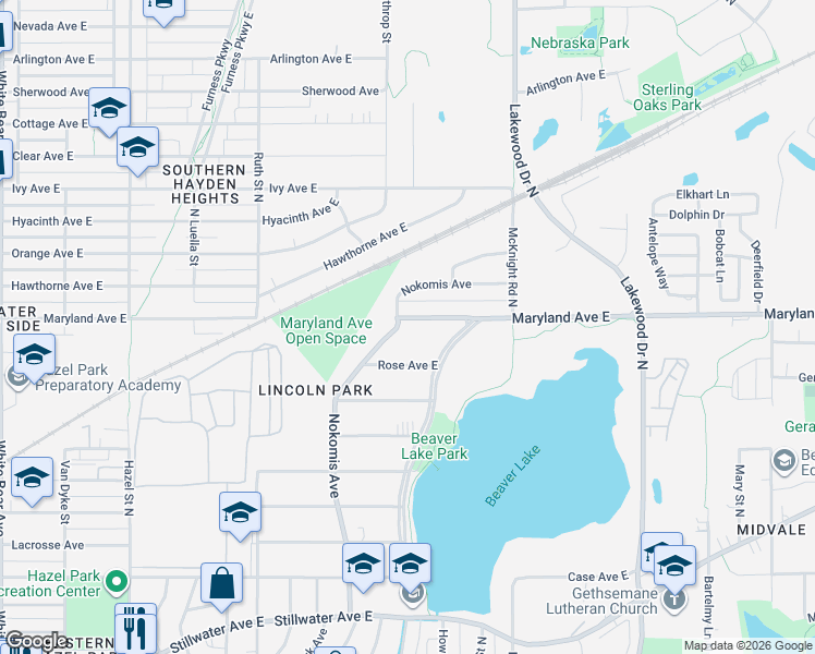 map of restaurants, bars, coffee shops, grocery stores, and more near 2176 Maryland Avenue East in Saint Paul