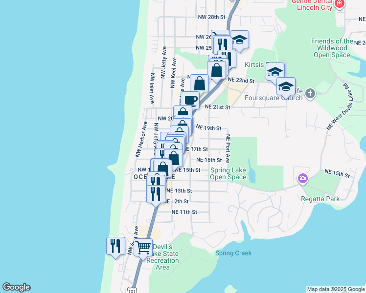 map of restaurants, bars, coffee shops, grocery stores, and more near 1710 Northeast Highway 101 in Lincoln City