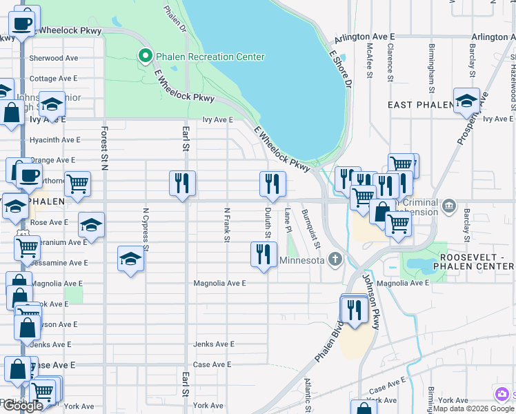 map of restaurants, bars, coffee shops, grocery stores, and more near 1178 Maryland Avenue East in Saint Paul