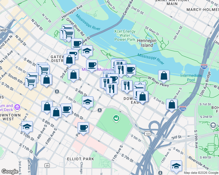 map of restaurants, bars, coffee shops, grocery stores, and more near 720 South Washington Avenue in Minneapolis