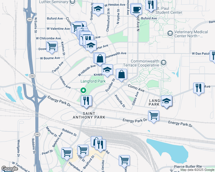 map of restaurants, bars, coffee shops, grocery stores, and more near 2201 Scudder Street in Saint Paul