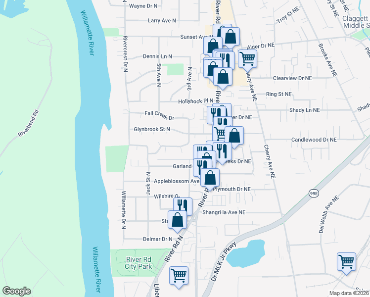 map of restaurants, bars, coffee shops, grocery stores, and more near 279 Dorcas Drive North in Keizer