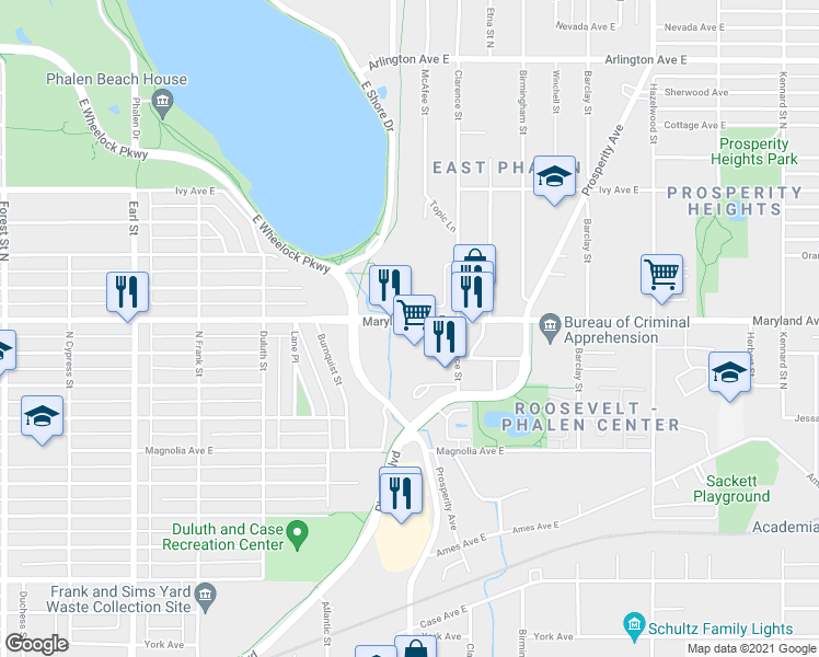 map of restaurants, bars, coffee shops, grocery stores, and more near 1310 Maryland Avenue East in Saint Paul
