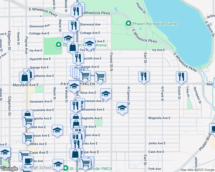 map of restaurants, bars, coffee shops, grocery stores, and more near 928 Maryland Avenue East in Saint Paul