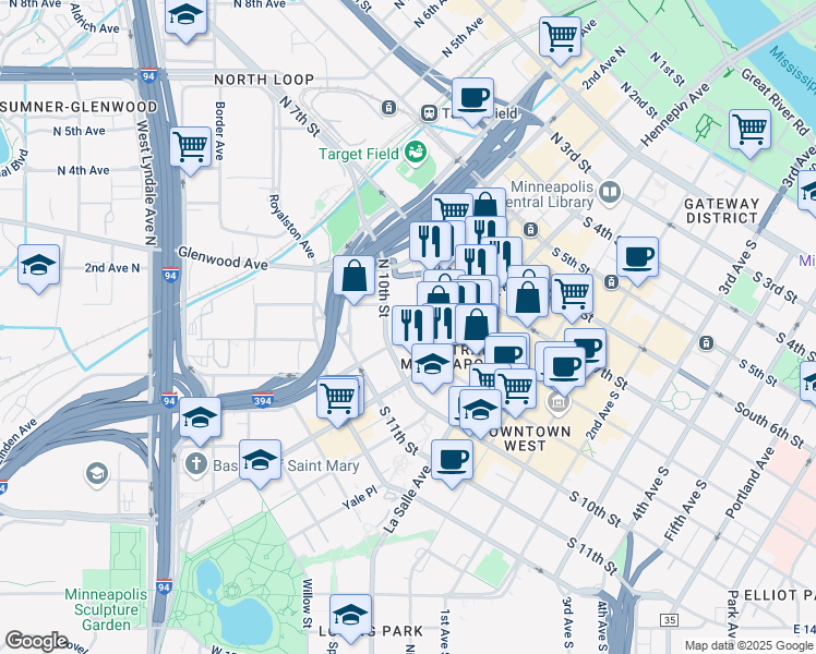 map of restaurants, bars, coffee shops, grocery stores, and more near in Minneapolis