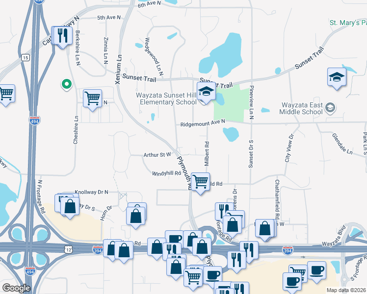 map of restaurants, bars, coffee shops, grocery stores, and more near 301 Plymouth Road in Hopkins