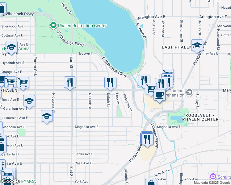 map of restaurants, bars, coffee shops, grocery stores, and more near 1195 Lane Place in Saint Paul