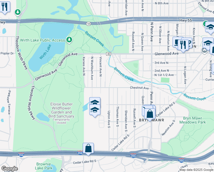 map of restaurants, bars, coffee shops, grocery stores, and more near 2716 Chestnut Avenue in Minneapolis
