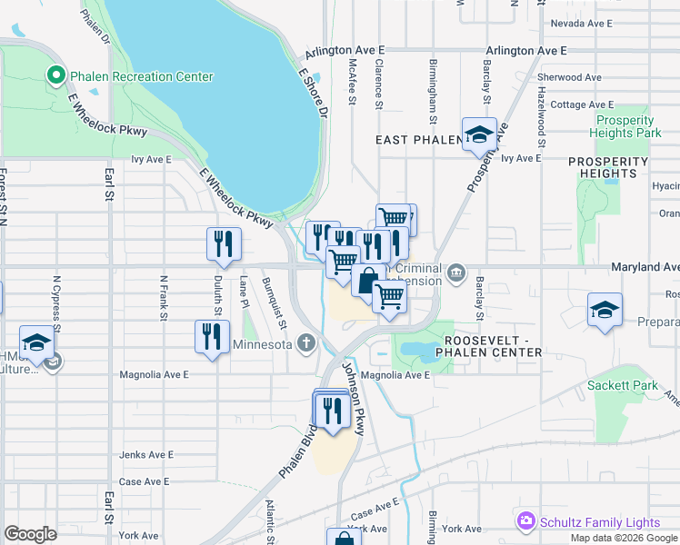 map of restaurants, bars, coffee shops, grocery stores, and more near 1310 Maryland Avenue East in Saint Paul