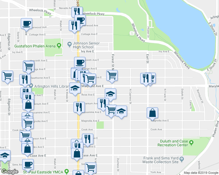 map of restaurants, bars, coffee shops, grocery stores, and more near 928 Maryland Avenue East in Saint Paul
