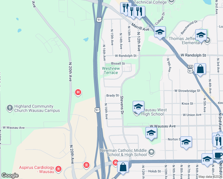 map of restaurants, bars, coffee shops, grocery stores, and more near 1501 Golden Meadow Street in Wausau