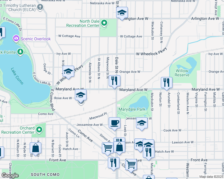 map of restaurants, bars, coffee shops, grocery stores, and more near 635 Maryland Ave W in St Paul