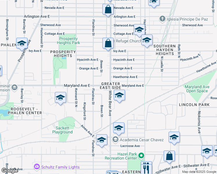 map of restaurants, bars, coffee shops, grocery stores, and more near 1778 Maryland Avenue East in Saint Paul