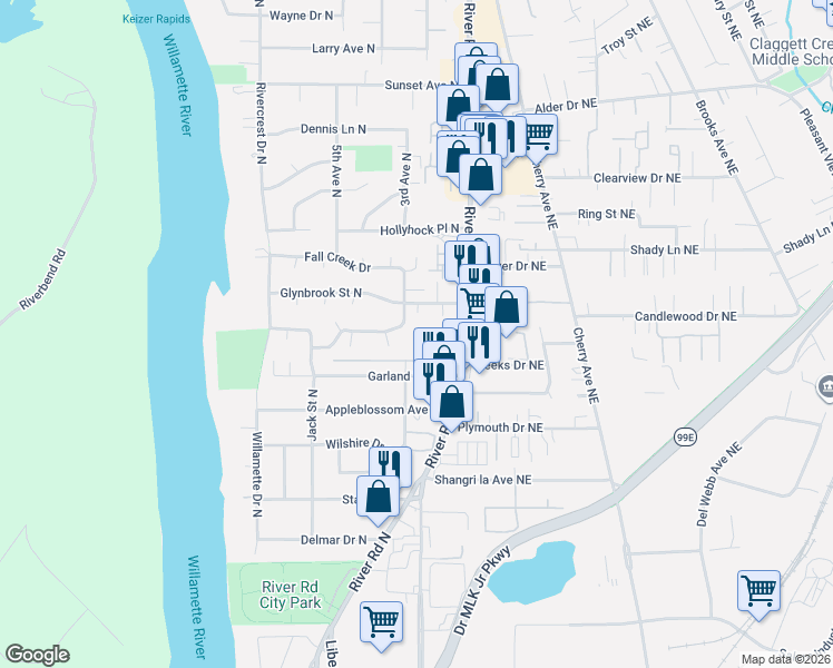 map of restaurants, bars, coffee shops, grocery stores, and more near 3544 Sandra Avenue North in Keizer