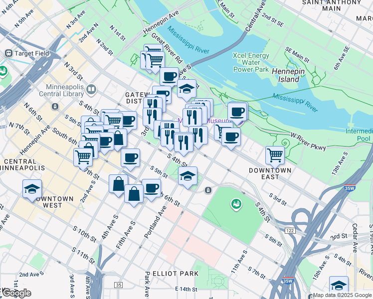 map of restaurants, bars, coffee shops, grocery stores, and more near 533 South 3rd Street in Minneapolis