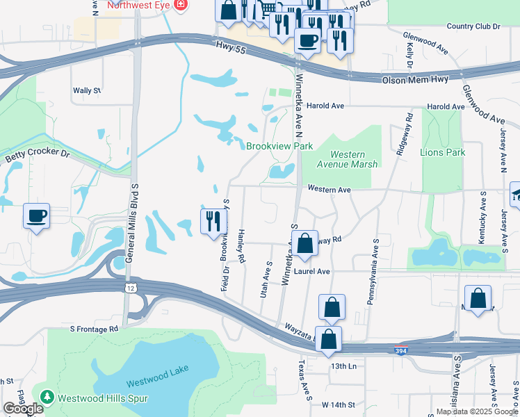 map of restaurants, bars, coffee shops, grocery stores, and more near 18 Western Terrace in Minneapolis