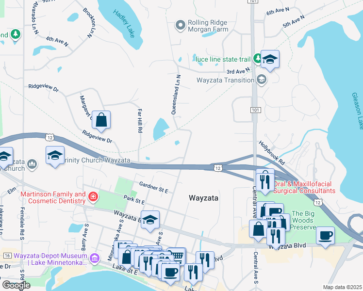 map of restaurants, bars, coffee shops, grocery stores, and more near 525 Broadway Avenue North in Wayzata