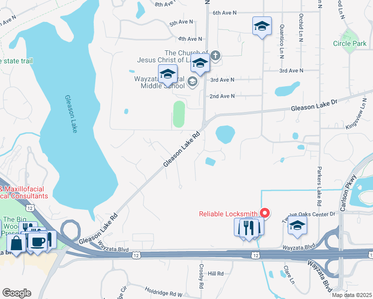 map of restaurants, bars, coffee shops, grocery stores, and more near 16101 Gleason Lake Drive in Wayzata