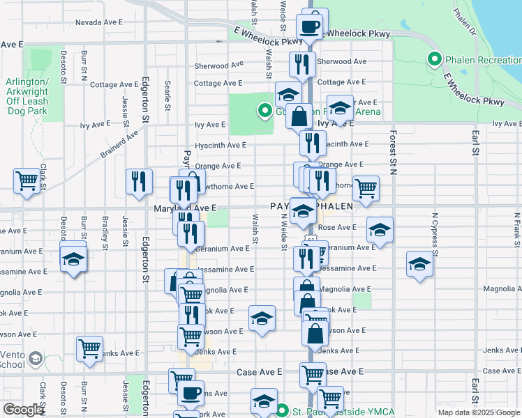 map of restaurants, bars, coffee shops, grocery stores, and more near 746 Maryland Avenue East in Saint Paul