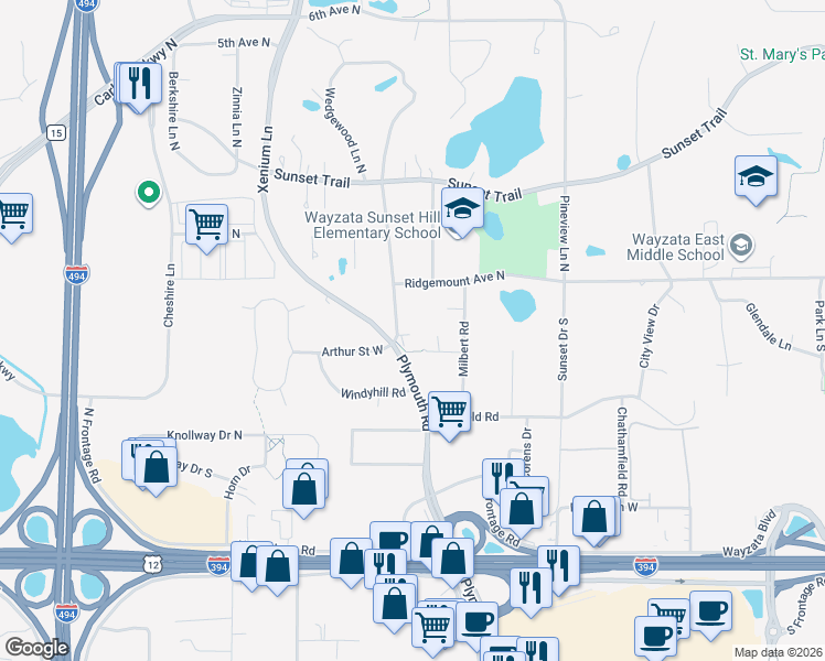 map of restaurants, bars, coffee shops, grocery stores, and more near 301 Plymouth Road in Hopkins
